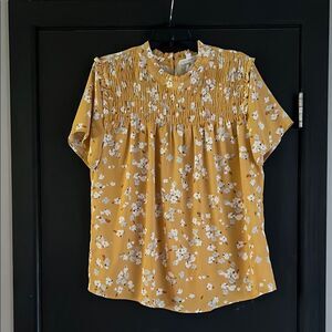Gold Smocked Blouse with Mandarin Collar